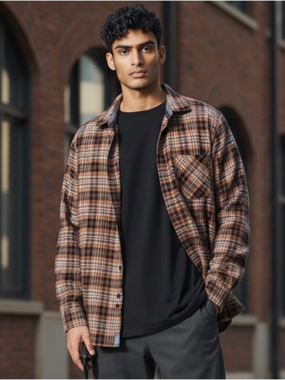 Casual Brown Plaid Button-Down Shirt